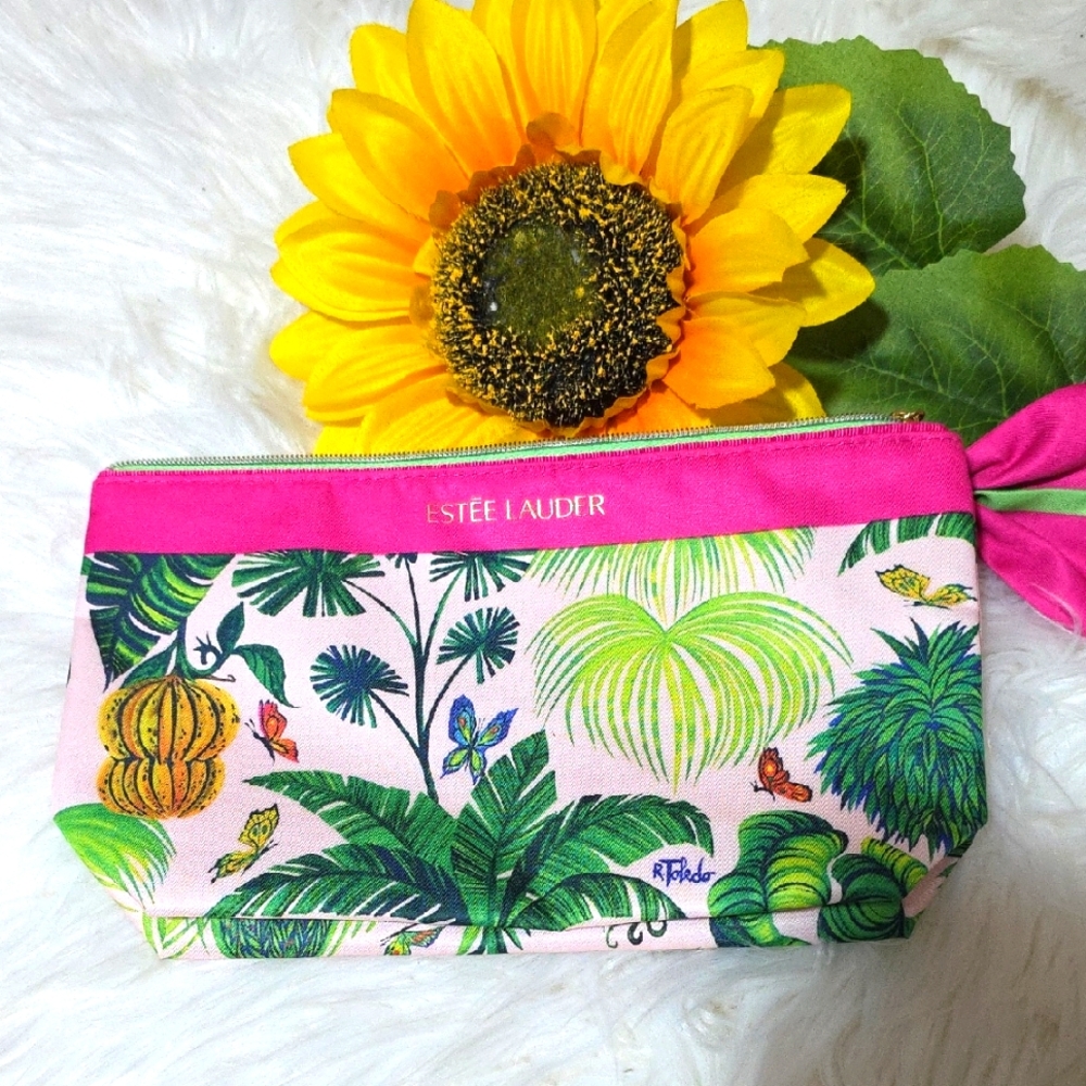 Estee Lauder Pink and Green Floral Cosmetic Bag
